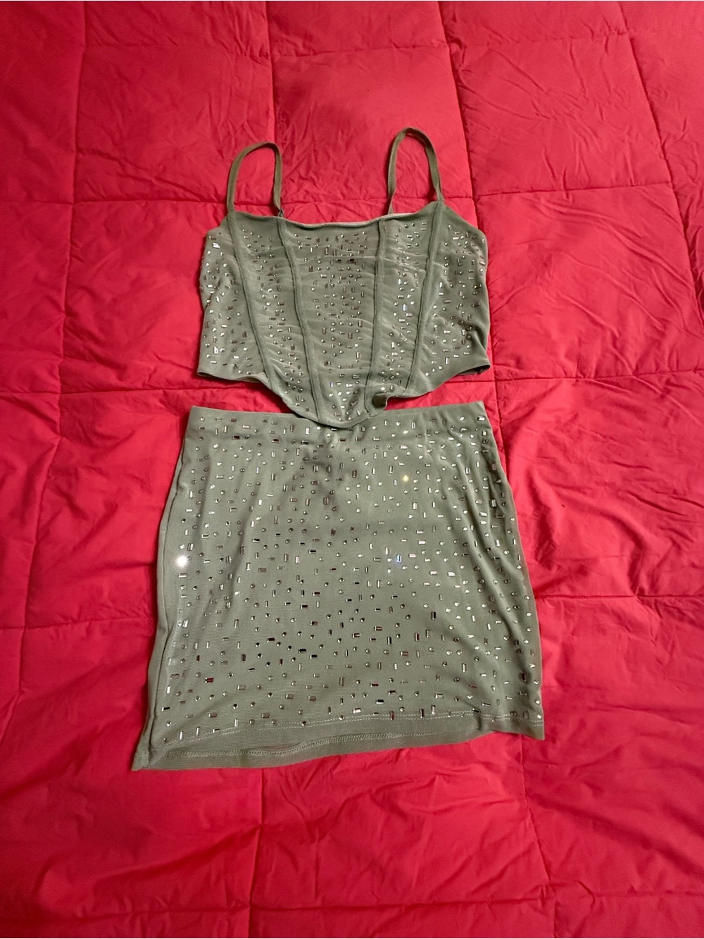 SHEIN Olive Green Studded Two-Piece Skirt Set